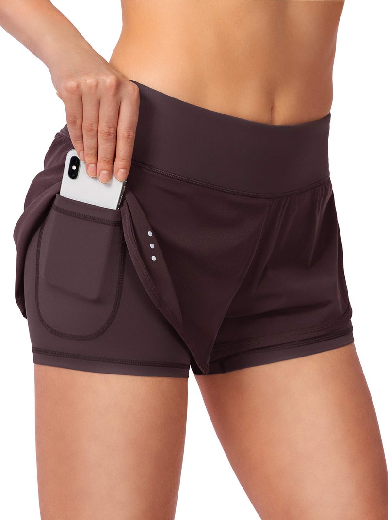 Soothfeel Women's 2 in 1 Running Shorts Workout Athletic Gym Yoga Shorts for Soothfeel Women with Phone Pockets Wine - Image 1